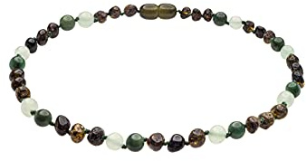 Genuine Amber Necklace from Baltic Sea Made with Polished Green Aventurine and African Jade 33 cm (13 Inches)