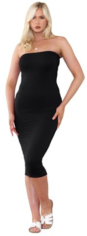 Hamishkane® Womens Boob Tube Midi Bodycon Dress, Plain Strapless Slim Fit Stretchy Bandeau Pencil Dresses for Women UK, Summer Long Strapless Party Wear Black