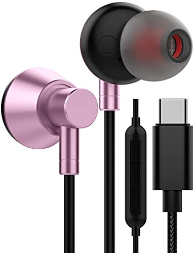 USB-C-Kopfhörer, USB-Typ-C-Kopfhörer, Stereo-In-Ear-Ohrhörer, Hi-Fi-Digital, Headsets mit Mikrofon und Fernbedienung für Samsung Galaxy S21 + Ultra/S20 FE/OnePlus 9 Plus 9 Pro/9/8 T,Rosa