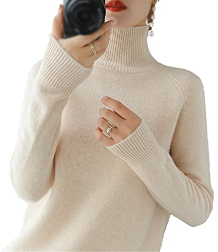 Suéter de Lana de Cachemira de Cuello Alto de Las Mujeres Otoño Invierno de Color sólido Jersey de Punto Femenino Casual básico de Fondo suéter, Beige, XL