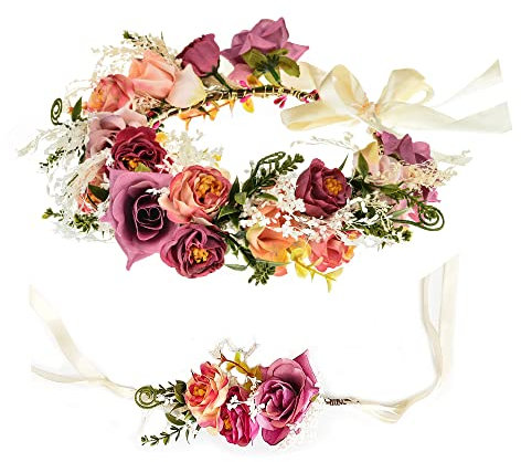 Csirnto Coroncina Fiori Sposa Corona di Fiori, Fascia per Capelli da Donna, Coroncine Fiori, Corona di Fiori per Capelli con Bracciale, per Festa di Nozze Spiaggia Matrimoni ed Eventi