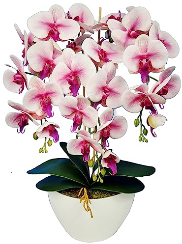 Damich Konstgjord orkidé i blomkruka växt konstgjord blomma konst orkidé dekoration 3 blomgrenar höjd ca. 60 cm (rosa)