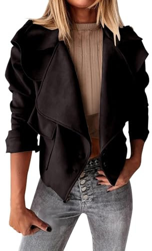 Jacke Winter Damen Warm Damen-Lederjacke, 2023, modische Wildlederjacken, Herbst-Motorrad-Slim-Fit-Mäntel mit Taschen Strickmantel Damen Grobstrick (Black, S)