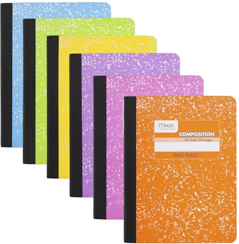 Mead Composition Notebook, 6 Pack, Wide Ruled Paper, 7-1/2 x 9-3/4, 100 Sheets per Comp Book, Assorted Colors (950054-ECM)