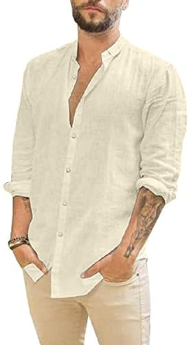 Friptspyg Uomo Camicia Lino Cotone a Maniche Lunghe Casual Camicia da Spiaggia vestibilità Regolare Camicie Estive, Beige XL