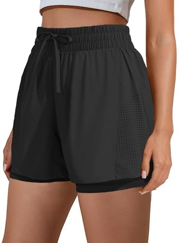 PINSPARK Pantalones Cortos Deportivos para Mujer 2 en 1 Pantalones Cortos de Entrenamiento Cintura Alta Pantalones Cortos Deportivos para Correr de Secado rápido con Bolsillos
