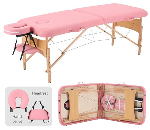 YOUNIKE Massageliege 2-Zonen klappbar Tragbare Massagebank Höhenverstellbarer Massagetisch mit Kopfstütze mit Holzfüßen und Zubehör Tragetasche Mobile Massagebett Rosa