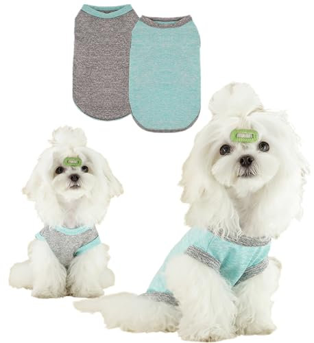 TOPSOSO 2 Stück Hunde Tshirt Schnell Trocknend Atmungsaktiv Bequem Katzen Kleidung Hund Sommer Shirt Niedlich Mode Chihuahua Kleidung Geeignet für kleine bis mittelgroße Hunde Katzen Grau und Grün L