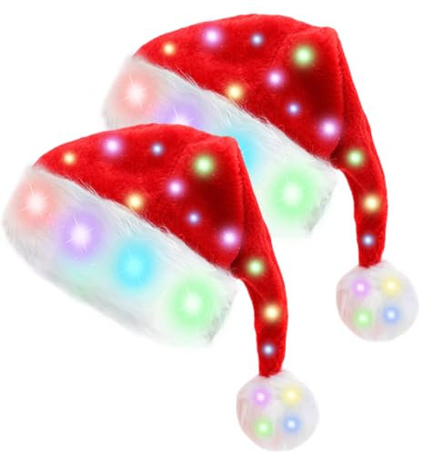 LED Plüsch-Weihnachtsmütze, 2 Stück Weihnachtsmütze Nikolausmütze, Plüsche Weihnachtsmann Mütze Mit Leuchtendem, Weihnachtsmann Hut Unisex, Weihnachten Mützen Rote Für Weihnachten, Neujahrsgeschenk