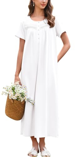 Ekouaer Nightgown for Women Cotton Long Night Gown Short Sleeve Nightdress with Pockets Button Sleepshirt Soft Sleepwear White XX-Large