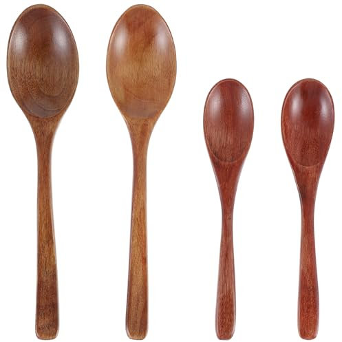 Oruola Lot de 4 cuillères en bois pour manger, cuillères en bois de 15 et 19 cm pour manger, petites cuillères en bois pour thé, café, confiture, sucre, crème glacée et sels de bain