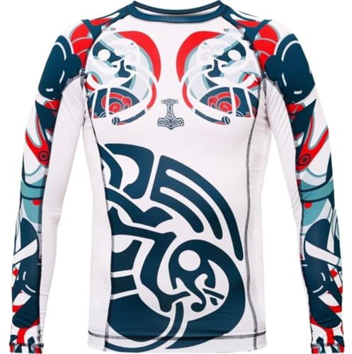 Hardcore Training Men's Rash Guard Compression Long Sleeve Viking Nordic Kompression Lång Arm Herr Män Jiu Jitsu MMA No-Gi Tight BJJ (DE/NL/SE/PL, Alfa, XXL, Regelbunden, Regelbunden, White Blue)