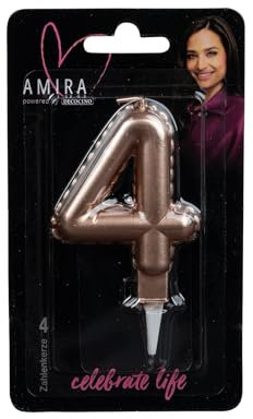 DECOCINO meets AMIRA - Zahlenkerze Rosegold No. 4 - elegante Party Deko für Geburtstage, Partys oder ein Jubiläum, ideal für Kuchen, Torten oder Muffins, 7cm hoch