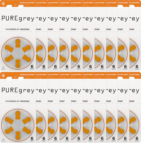 PUREgrey - Pilas para audífonos tipo 13 – 120 unidades para audífonos diseñados para el máximo rendimiento, paquete de 20 blísteres de 6 pilas para audífonos, código de color naranja PR48, 1,45 V