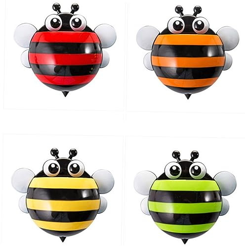 Plastic Suction Cup Bee Toothbrush Holder for Kids, 4Pcs Bathroom | Wall Mounted Organiser, Keeps Brushes Dry and Protected, Cartoon Design for Travel, Business Fairs