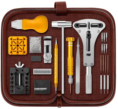 Eventronic【Nouveau Version Outil Montre, Kit Changement Pile Montre Professionnel, Kit Reparation Ouverture du Couvercle, Réglage du Bracelet avec Sac en Nylon Marron