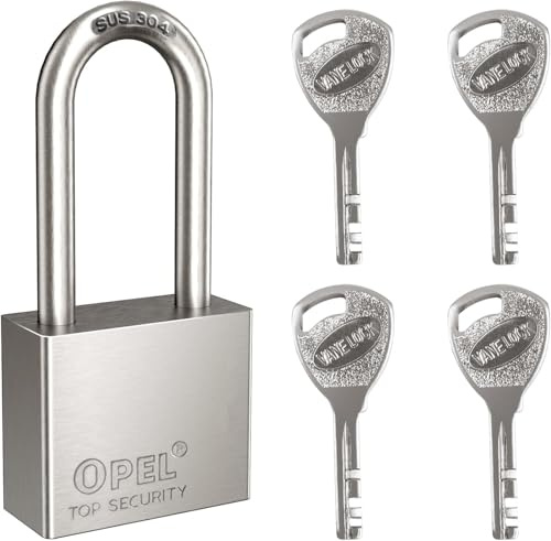 304 Edelstahl Vorhängeschloss 50mm, Langer Bügelstärke 10mm, Anti-Sägen und Rostprävention, Vorhängeschloss mit 4 Schlüssel für Spind, Garagen, Garten Zäune, Werkzeugkisten, Fitnessstudio, Koffer
