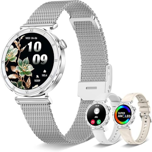 Montre Connectée Femme (3 Bracelets) 1,19 AMOLED Tendance Fitness Podomètre Smartwatch pour Android IOS avec Appel Bluetooth, Fonction Féminine/Cardio/Sommeil, 120+ Modes Sport Étanche IP68, Argenté
