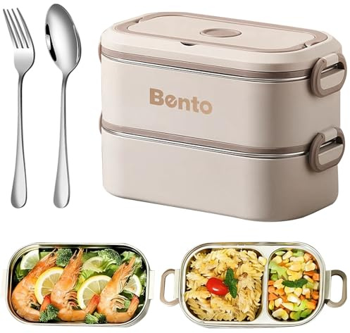 Luxvara Lunch Box Bento in Acciaio Inossidabile 1700ml 2 Livelli - Scatola Meal Prep con Scomparti & Posate, BPA Free, Impermeabile, per Microonde, per Adulti