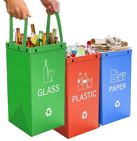 Mülltrennsystem 3fach Aufbewahrung Pfandflaschen Sammelbehälter Mülleimer 3 Fächer für Papier Glas und Plastik Behälter Recycling System Altglas Sammelbehälter Küche Flaschensammler Leergut mit Griff