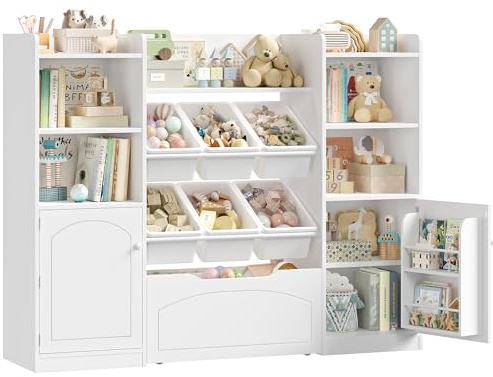 FOREHILL Libreria Montessoriana per Bambini, Porta Giochi Bambini a 6 Scatole, Organizer Giocattoli a Ripiani Regolabile, 7 Scomparti Aperti, per Cameretta e Sale Giochi, 140,5x33x108,2 cm, Bianco