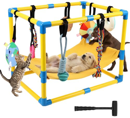 SUPPUIMNT Parc de jeu pour chiots avec 8 jouets, aire de jeux jungle, salle de sport pour petits chiens, aire de jeu avec cadre en PVC, hamac pour divertissement, entraînement, apaisement