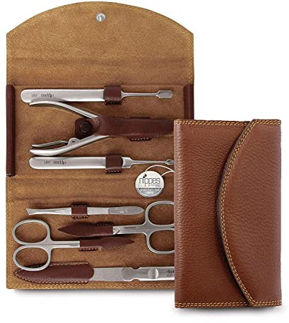 nippes Solingen Classic Premium-Maniküre Set, 7-teilig, Echtes Rindsleder-Nageletui, braun, Edelstahl nickel- & rostfrei, Nagelset, Nagelpflege Set, Made in Solingen/Germany