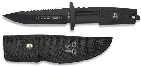 K25 K25-31910 - Coltello con manico in gomma. Lama bagno in titanio. 12 cm. Custodia in nylon – Strumento per caccia, pesca, campeggio, outdoor, sopravvivenza e bushcraft