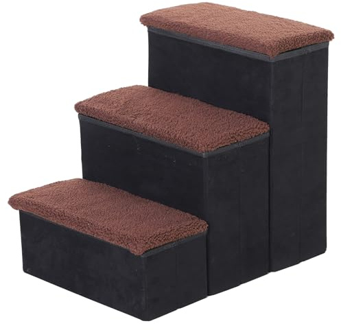 PawHut Escalera para Mascotas de 3 Peldaños Plegable con Tapas Abatibles y Espacio de Almacenamiento 3 Escalones de Perros Gatos Pequeños de Vellón Bereber para Cama Sofá 40x54x48 cm Negro