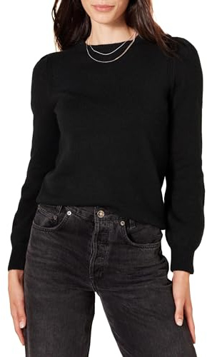 Amazon Essentials Jersey con Cuello Redondo y Hombros Plisados de Tacto Suave Mujer, Negro, L