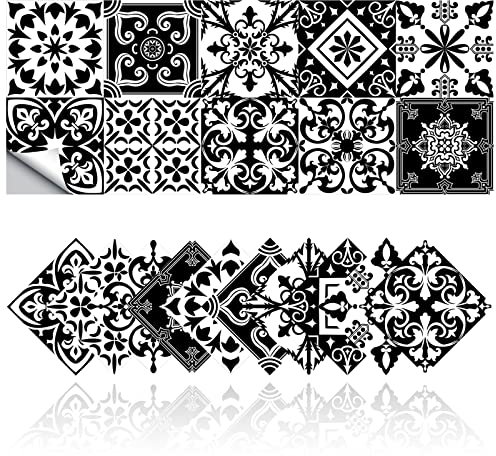 Cendray Adesivi per Piastrelle Retro Adesivi per Piastrelle per Bagno Cucina DIY Antiolio Impermeabile PVC Autoadesivo Decorazione Stile Marocco Bianco e Nero (20,10x10cm)