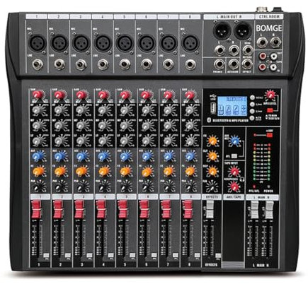 Consola mezcladora de audio BOMGE de 8 canales con Bluetooth USB, entrada de grabación para PC, conector para micrófono XLR, fuente de alimentación de 48 V, apta para profesionales y principiantes