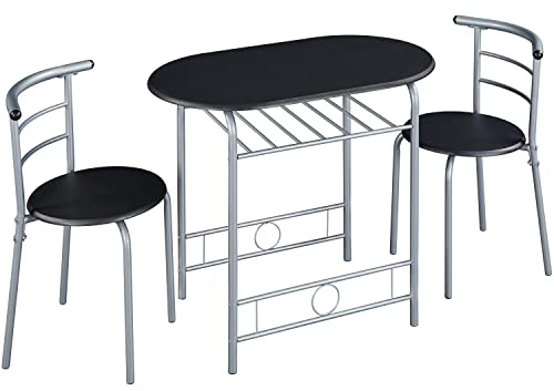 Yaheetech Juego de Comedor de 3 Piezas con Estante para Vinos, Mesa y 2 Sillas para Cocina, Muebles Ahorro de Espacio con Almacenaje, Medidas 90 x 53 cm, Estilo Moderno Negro