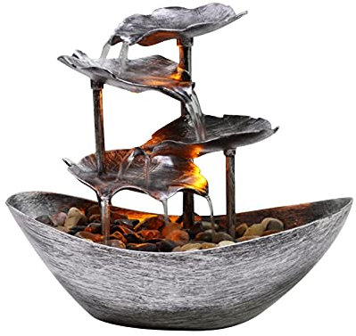 4-Tiers Lotus Leaf Small Waterfall Fountain, Indoor Tabletop Water Feature, USB Desk Fountain Automatic Pump With Power, Tabletop Fountain Indoor With LED Lights, Tabletop Water Fountain