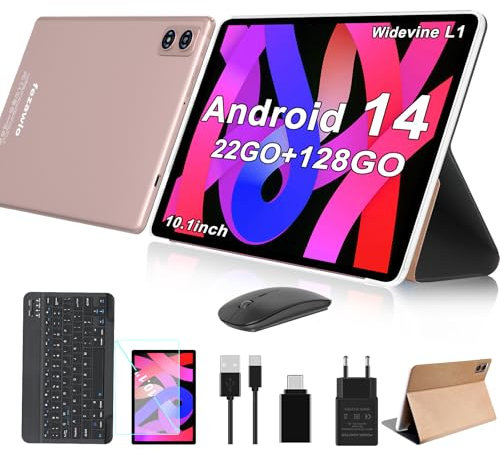 fezawio Tablette Tactile 10 Pouces Android 14, 22Go RAM+128Go ROM(Extensible 1To)|5MP+8MP|5G Wi-Fi|Certifié Widevine L1|Processeur Octa-Core|8000mAh|Clavier+Souris+Coque de Protection Inclus (Or Rose)
