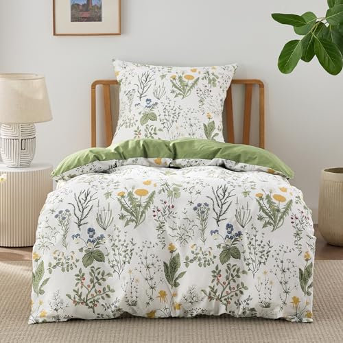 BEDSURE Juego de ropa de cama de 135 x 200 cm, algodón, color verde, 135 x 200 cm, funda nórdica de 2 piezas con funda de almohada de 80 x 80 cm, reversible, color verde salvia, diseño de flores, con