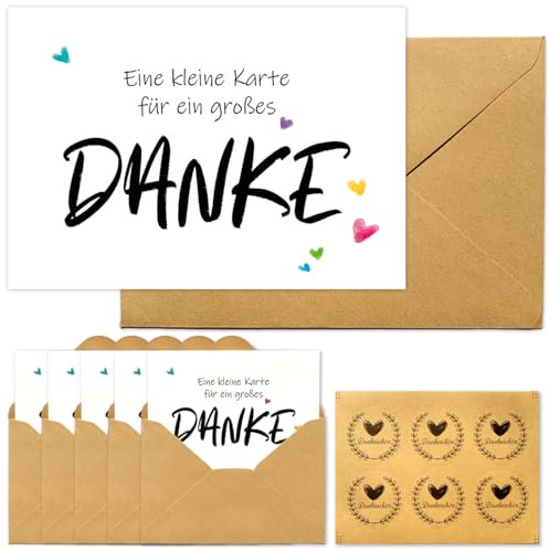 RFBEUTEL 6Stk Danke Karte mit Naturkuvert und Dankeschön Aufkleber A6 Grußkarte zum Danke sagen Blanko Karten