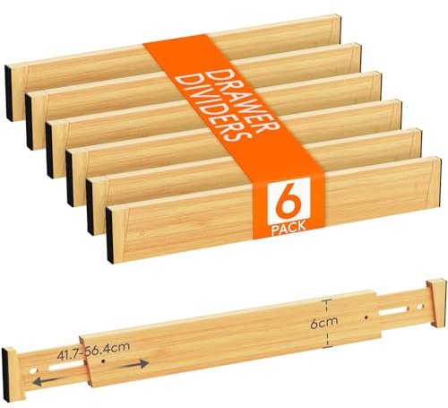 Lifewit Juego de 6 separadores de cajones ajustables de bambú, 6 cm de alto y 42 – 56 cm de largo, divisor de cajones, organizador de cajones para cocina, armarios, escritorio/tocador