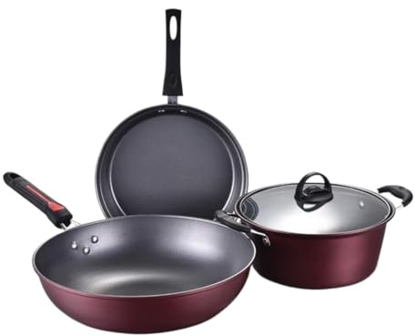 ZOCWJK Cookware Set Pots and Pans Set 3Pcs Cookware Set Non-Stick Soup Pot with Glass Lid Wok Frying Pan Wrought Iron Cooking Pot Saucepan Set Kitchen Cooking Pot Set Cooking Pa(