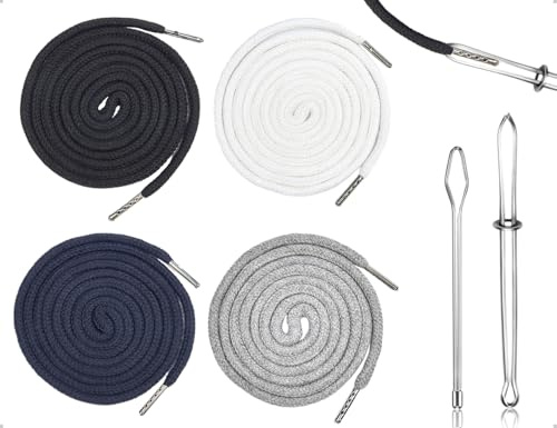 Emezddo de 4 Piezas Correa con cordón,Cordones para Pantalones Deportivos,cordón para Sudaderas,cordón para Sudaderas con Tirador Aguja para bañadores,Sudaderas(Blanco,Negro,Gris,Azul Marino,130 cm)