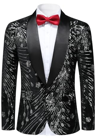 YFFUSHI Blazer de lujo para hombre, con lentejuelas, chal, solapa, ajustado, 1 botón, traje casual de negocios, chaqueta brillante, blanco, XXL