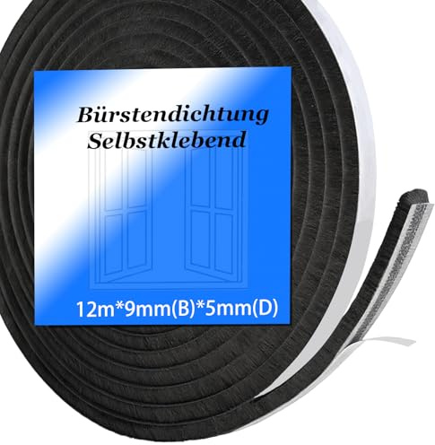 12m Guarnizione a spazzola autoadesiva, 9 mm(L) x 5 mm(P) Guarnizione a spazzola per persiane, finestre, porte, porte scorrevoli, protezione dagli insetti, armadio, guarnizione per porta a spazzola