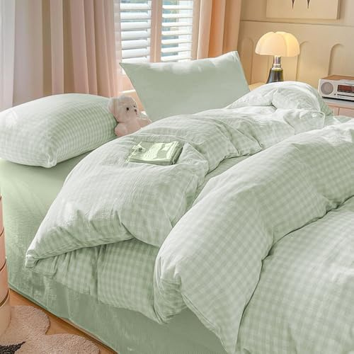 Covebett Housse de Couette 220x240 à Carreaux Vichy Vert et Blanc Moderne Parure de Lit Adulte 2 Personnes Housse Couette en Microfibre Linge de lit avec Fermeture Éclair et 2 Taies d'oreiller 65x65
