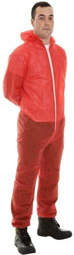 10 PACK - Poly Prop White Economy Lightweight Disposable Overall Boilersuit Red - Zip up, elasticated hood, ankles and wrists (Large)