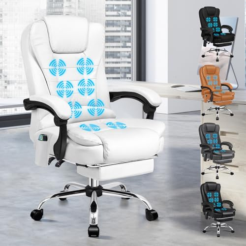 ALFORDSON Ergonomisk kontorsstol, skrivbordsstol med värmemassagefunktion, datorstol i PU-läder med vadderade armstöd och mjukt nackstöd, snurrstol med hjul, vit
