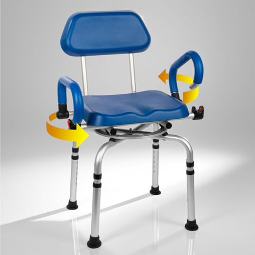 360° Drehbarer Duschstuhl mit Armlehnen und Rückenlehne, Duschhocker Höhenverstellbar 51-61cm für Tiefe Badewannen, Gepolsterter Badestuhl für Senioren & Behinderte, 2 PU-Polsterung