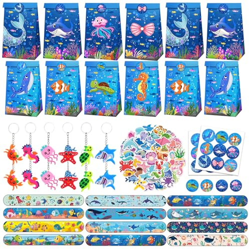 Eymobad Lot de 86 Petits Cadeaux De Fête D'animaux Marins Pour Anniversaire D'enfant, Avec 12 Bracelets à Clip, 12 Porte-Clés, 12 Sacs Cadeaux, 50 Autocollants, Pour Filles Et Garçons