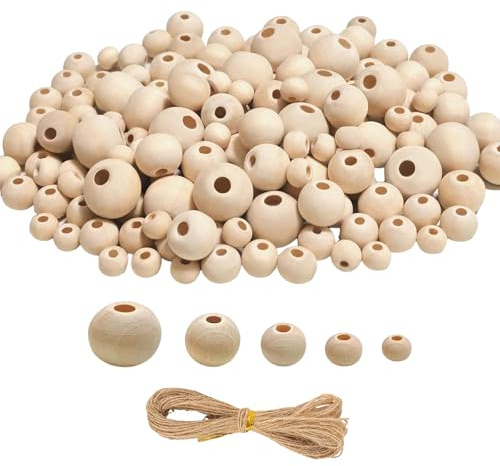 350 cuentas de madera para enhebrar, perlas de madera natural para macramé con cuerda de madera, 6 mm, 8 mm, 10 mm, 12 mm, 14 mm, bolas de madera con agujero, cuentas espaciadoras redondas para