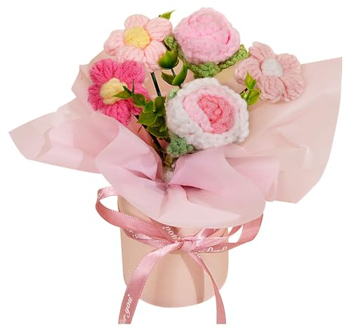 BSITSSS Bouquet di Tulipani Artificiali All'uncinetto, Decorazioni Floreali Conservate Fatte a Mano, Piccolo Bouquet di Fiori Artificiali per Lauree, Matrimoni, Compleanni, Festa Della mMamma