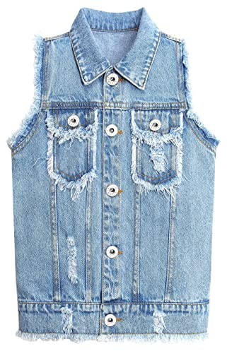 KIDSCOOL SPACE Chaleco de mezclilla para niños, Tops de chaleco de mezclilla con bordes sin rematar rasgados para niños, Azul, 7-8 años